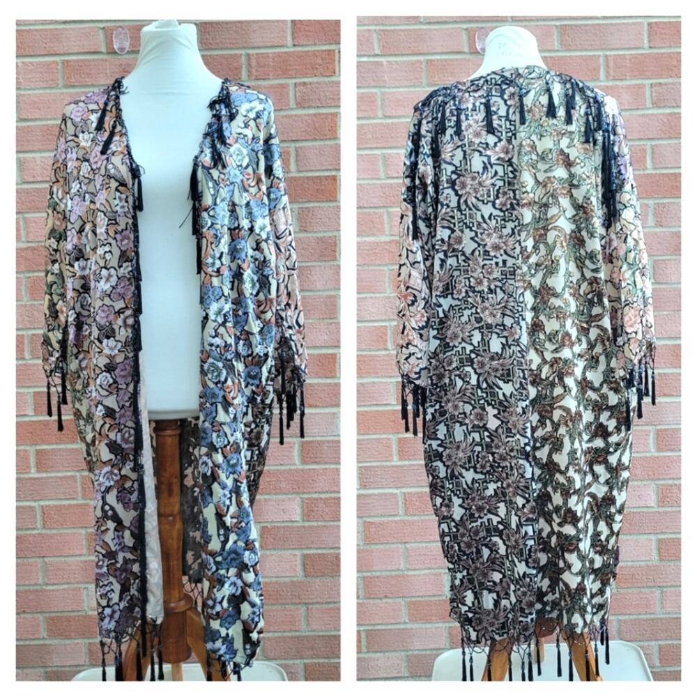 Sterling Styles Burnout Velver Beaded Tassel Fringe Boho Kimono Duster One Size